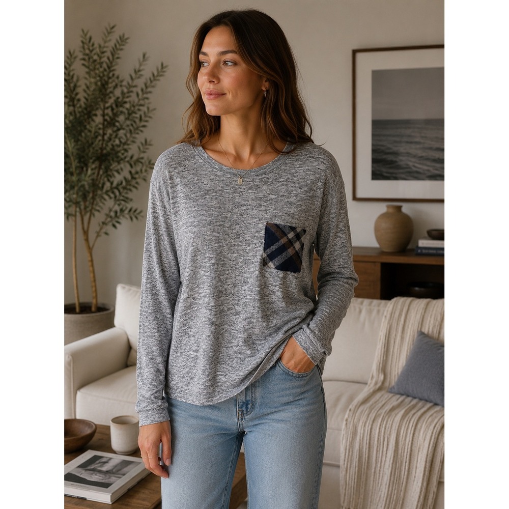 Brittany Blake Women's Gray Plaid Pocket Top Long Sleeve Casual Shirt